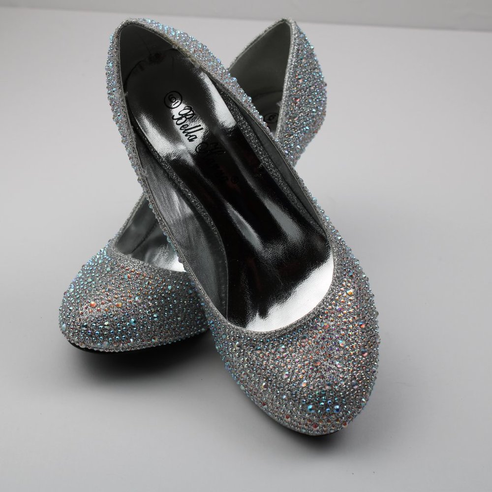 🔥 Women's Low Heel Rhinestone Silver Knit Round Toe Low Heel Pump Shoe Dressy - Picture 7 of 9